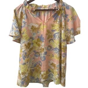 Women's M Floral Print Ruffle Neck Short Sleeve Flowy Romantic Spring Multicolor